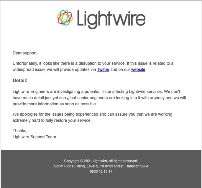 Lightwire email for incident or unplanned event alert