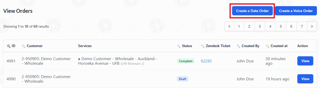 Create data order
